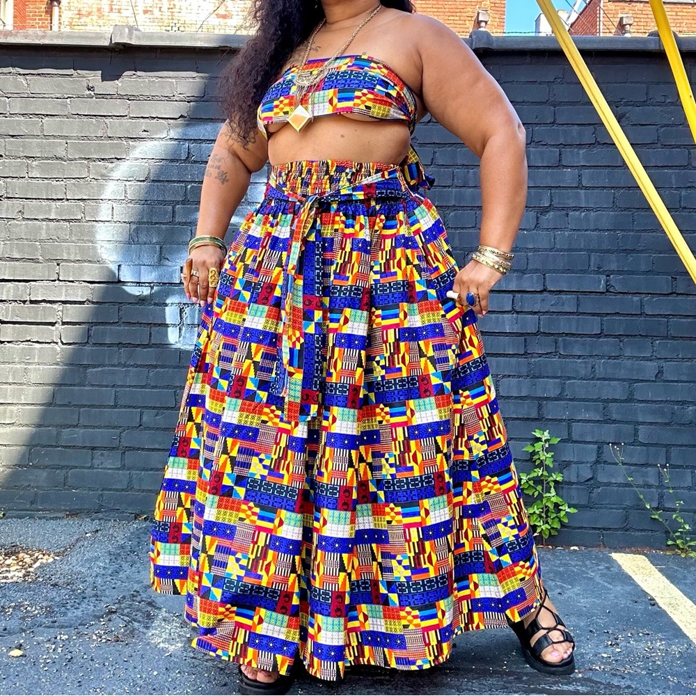 Tribal Abstract Mix Wax Print Cotton Tie Waist Maxi Skirt One Size Plus Size - Picture 4 of 12